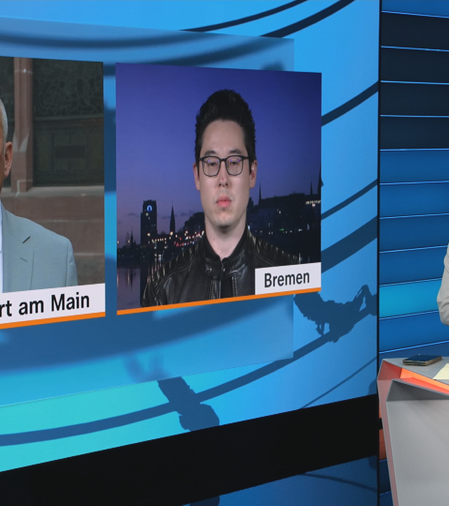 Der hessische Innenminister Roman Poseck (CDU) und der IT-Sicherheitsexperte Prof. Dennis-Kenji Kipker und ZDF-Moderatorin Alica Jung.