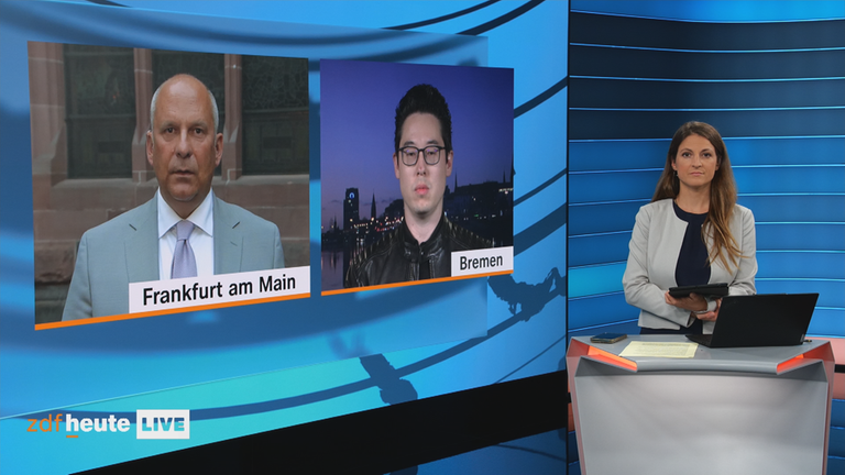 Der hessische Innenminister Roman Poseck (CDU) und der IT-Sicherheitsexperte Prof. Dennis-Kenji Kipker und ZDF-Moderatorin Alica Jung.