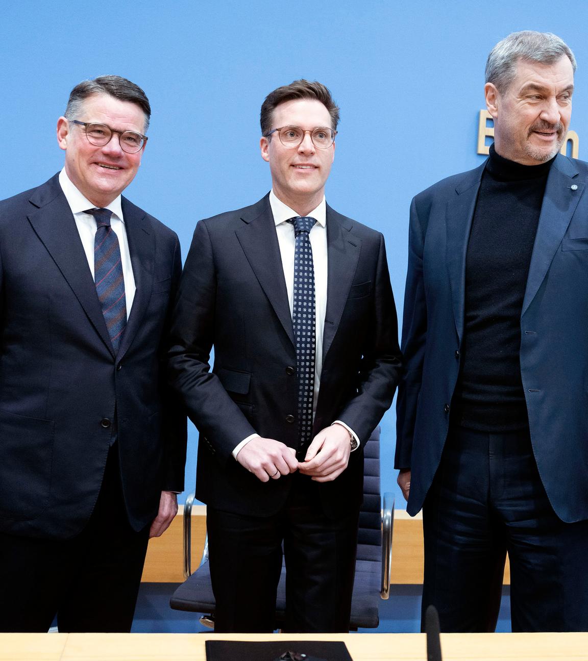 Boris Rhein, Manuel Hagel und Markus Söder bei der Bundespressekonferenz '3 Löwen Allianz' im Haus der Bundespressekonferenz. Berlin, 30.01.2026