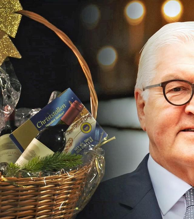 Bildmontage: Präsentkorb und Frank-Walter Steinmeier