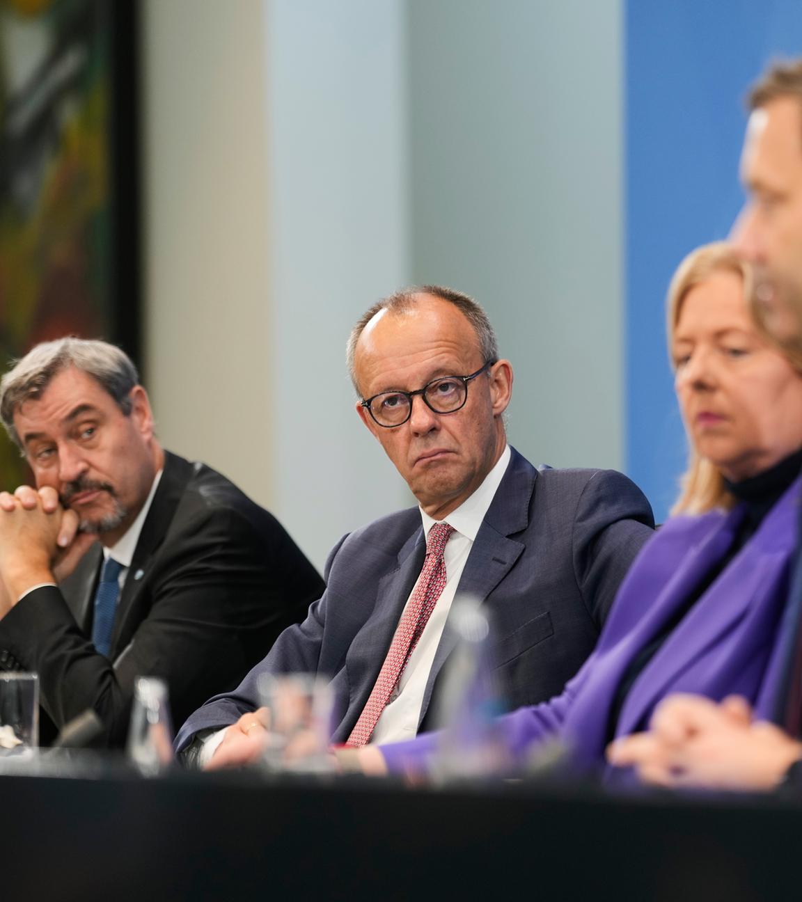 Pressekonferenz  der Bundesregierung: Markus Söder, Friedrich Merz, Bärbel Bas und Lars Klingbeil