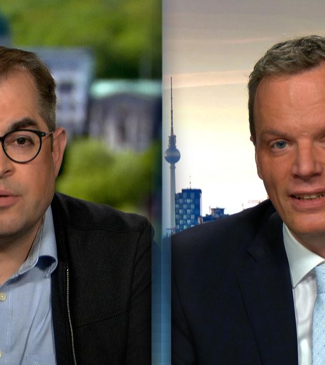 ZDF-Korrespondenten Rzpeka und Neuhann in der Doppelschalte nebeneinander