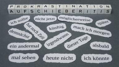Schlagworte zum Thema Prokrastination liegen auf einem Untergrund.