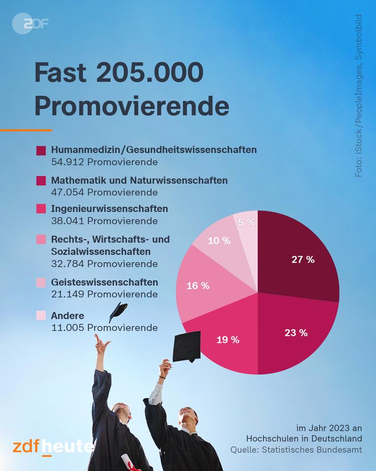 Verteilung der Fächergruppen: (als Kreisdiagram), Humanmedizin/Gesundheitswissenschaften: 54.912 Promovierende (27 %), Mathematik und Naturwissenschaften: 47.054 Promovierende (23 %), Ingenieurwissenschaften: 38.041 Promovierende (19 %), Rechts-, Wirtschafts- und Sozialwissenschaften: 32.784 Promovierende (16 %), Geisteswissenschaften: 21.149 Promovierende (10 %) Andere: 11.005 Promovierende (5 %)