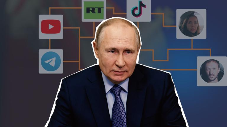 Mitte, Putin mit emotionslosen Gesichtsausdruck, im Hintergrund ein Netz aus Social-Media Plattformen. 