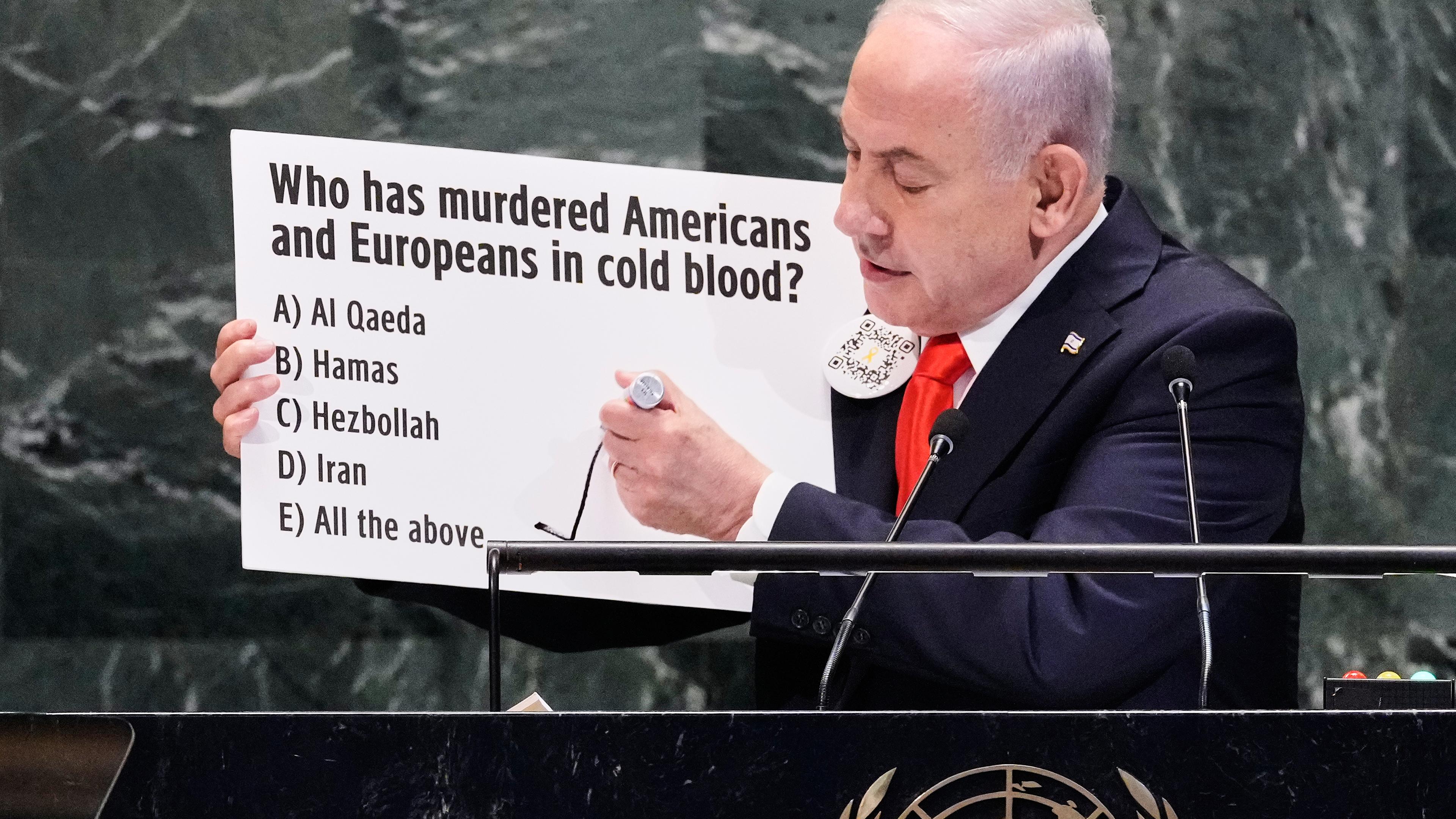 Israel Prime Minister Benjamin Netanyahu addresses the 80th session of the United Nations General Assembly