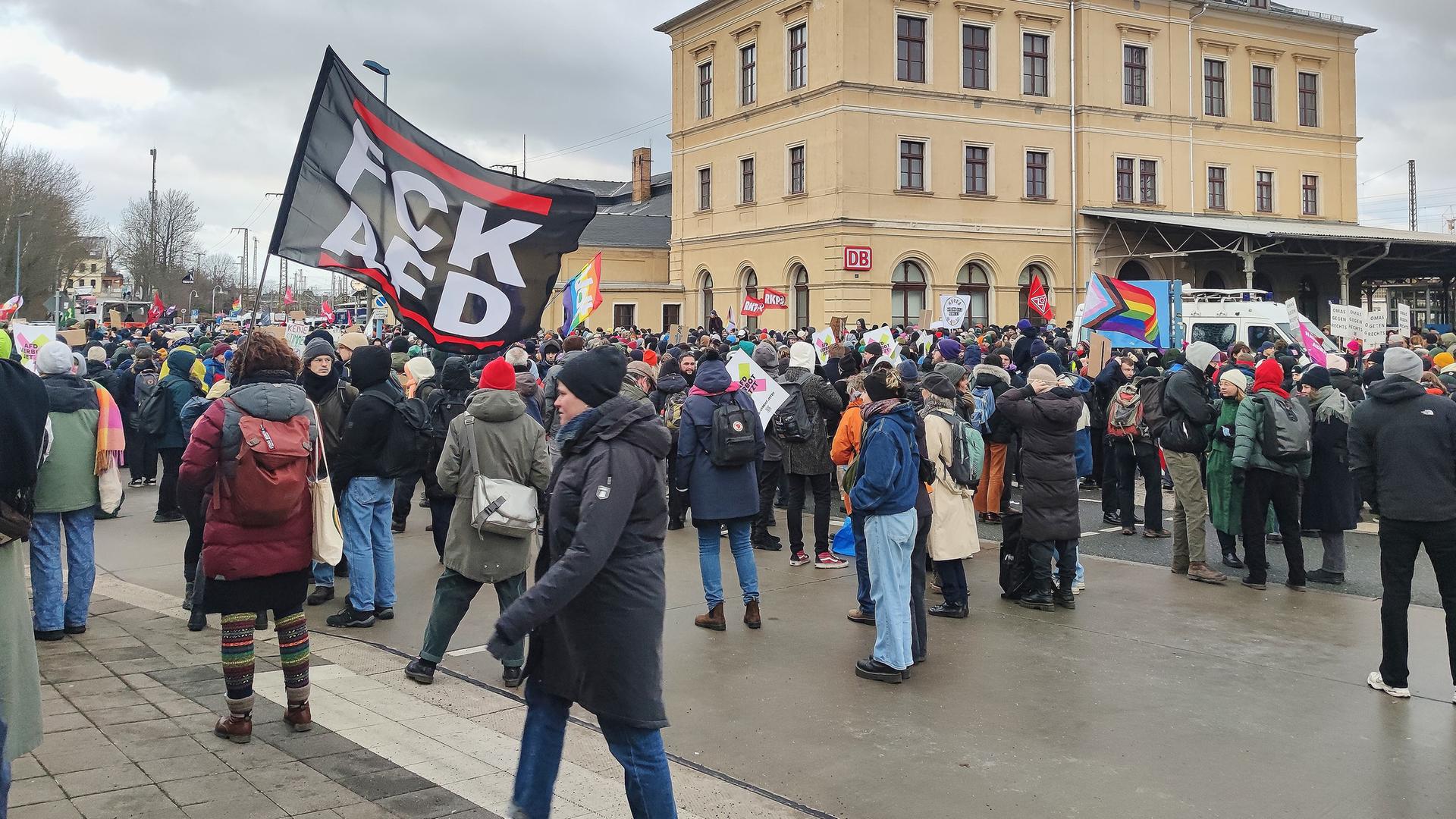 Demonstranten gegen den AfD-Bundesparteitag in Riesa