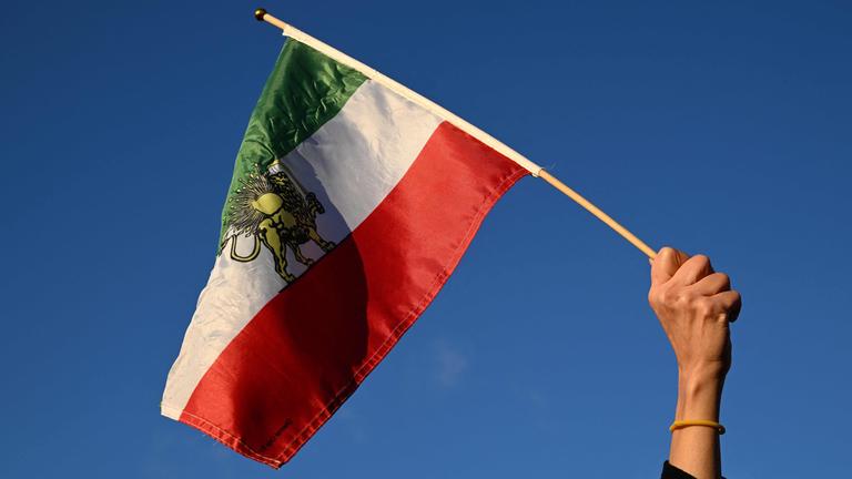 Eine Person hält eine iranische Flagge in die Luft