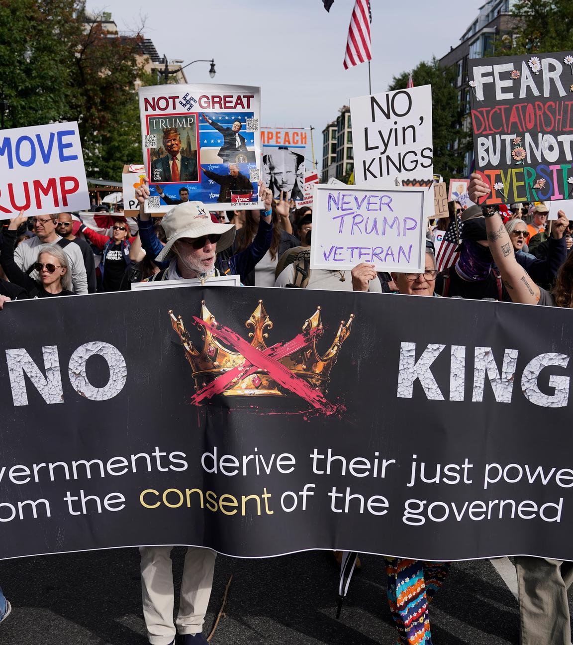 Demonstranten tragen Schilder und Banner, als sie während einer No-Kings-Demonstration zur National Mall marschieren.