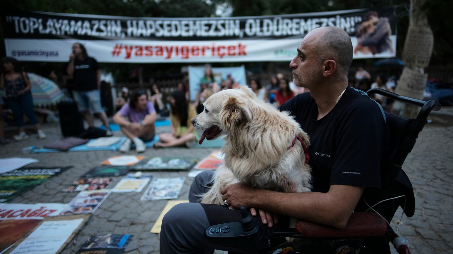 Tierschützer protestieren einen Tag lang in einem öffentlichen Garten in Ankara, Türkei, am 23.07.2024.