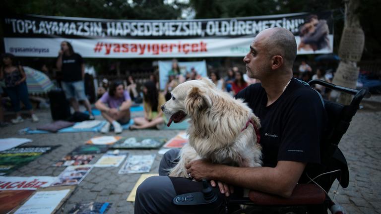 Tierschützer protestieren einen Tag lang in einem öffentlichen Garten in Ankara, Türkei, am 23.07.2024.