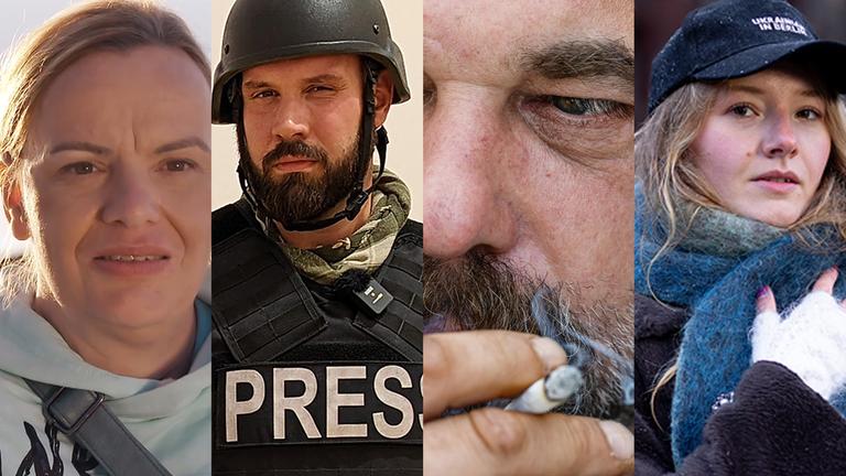 Verena, ehemalige Soldatin der Bundeswehr (vlnr), Konstantin Flemig, Kriegsreporter, Martin, ehemaliger Soldat der Bundeswehr und Liliia, Geflüchtete aus der Ukraine