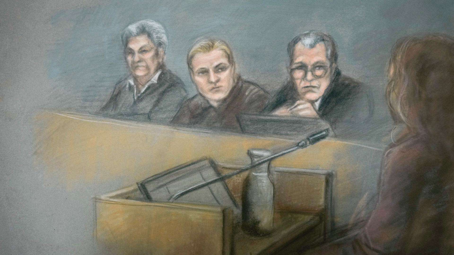 Archiv: Eine Gerichtszeichnung zeigt den Angeklagten Marius Borg Høiby (M) am dritten Tag des Prozesses gegen ihn im Osloer Bezirksgericht im Gerichtssaal mit seinen Anwälten Ellen Holager Andenæs und Petar Sekulic (r). 