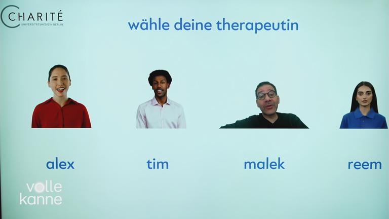 Vier digitale Psychotherapeuten stehen auf einer Internetseite zur Auswahl