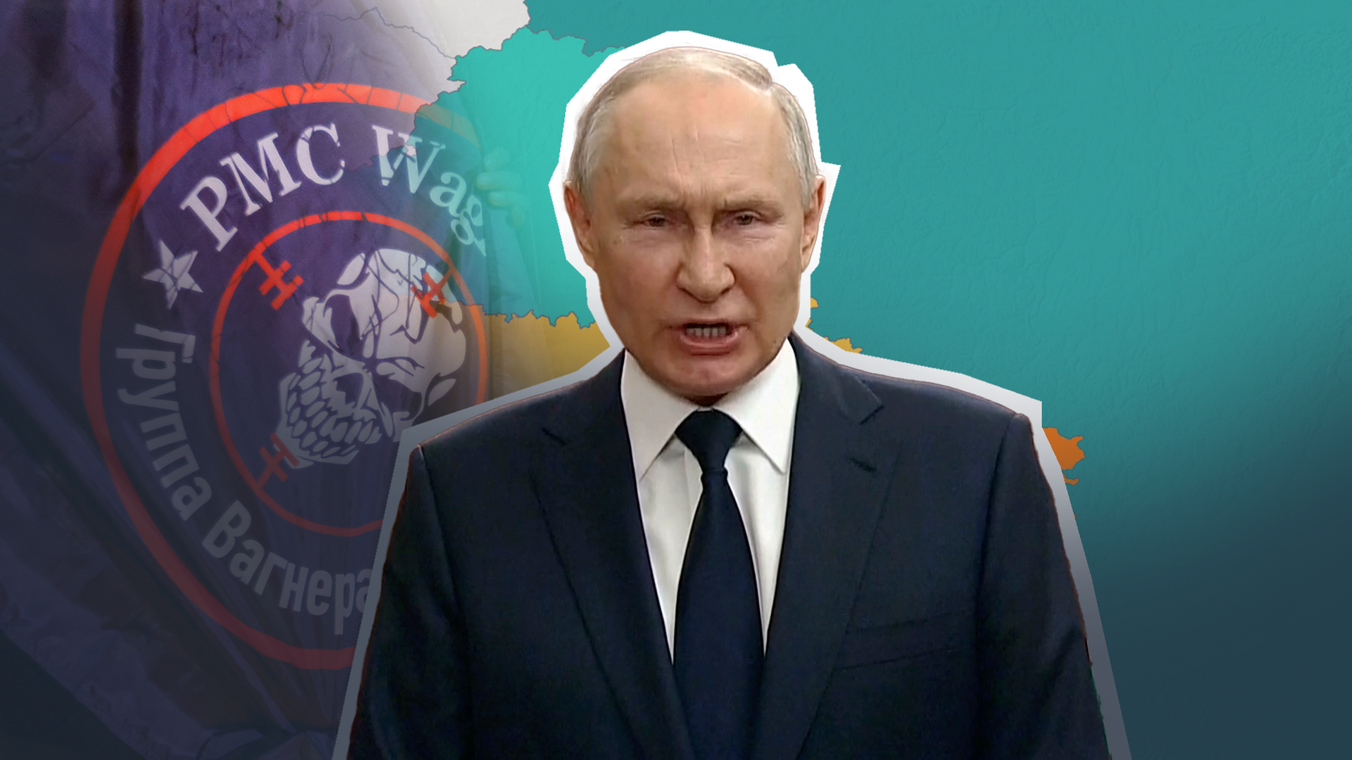 Putin vor Landkarte mit Wagner Logo im Hintergerund