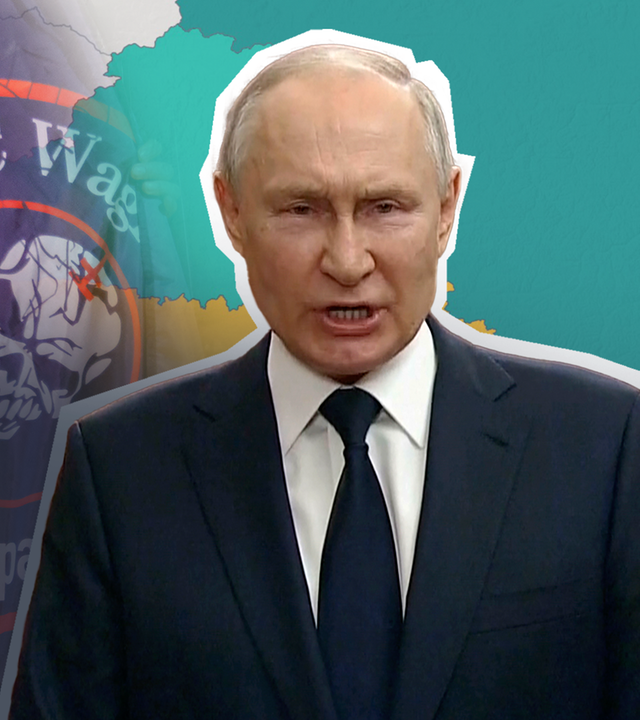 Putin vor Landkarte mit Wagner Logo im Hintergerund