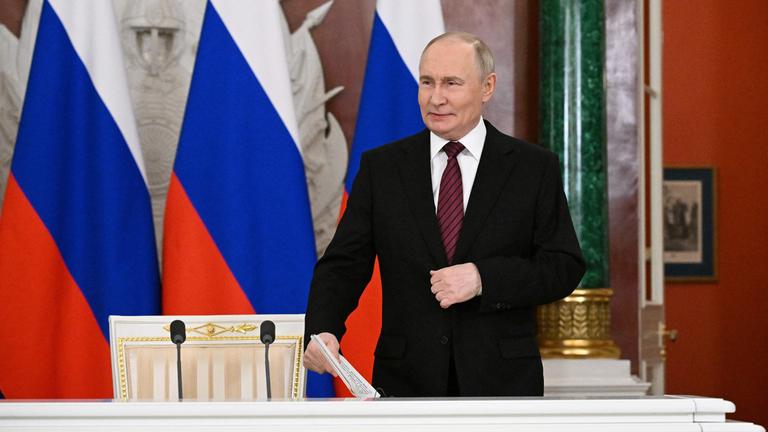 President of Russia Vladimir Putin attends a press conference in Moscow, Russia 
