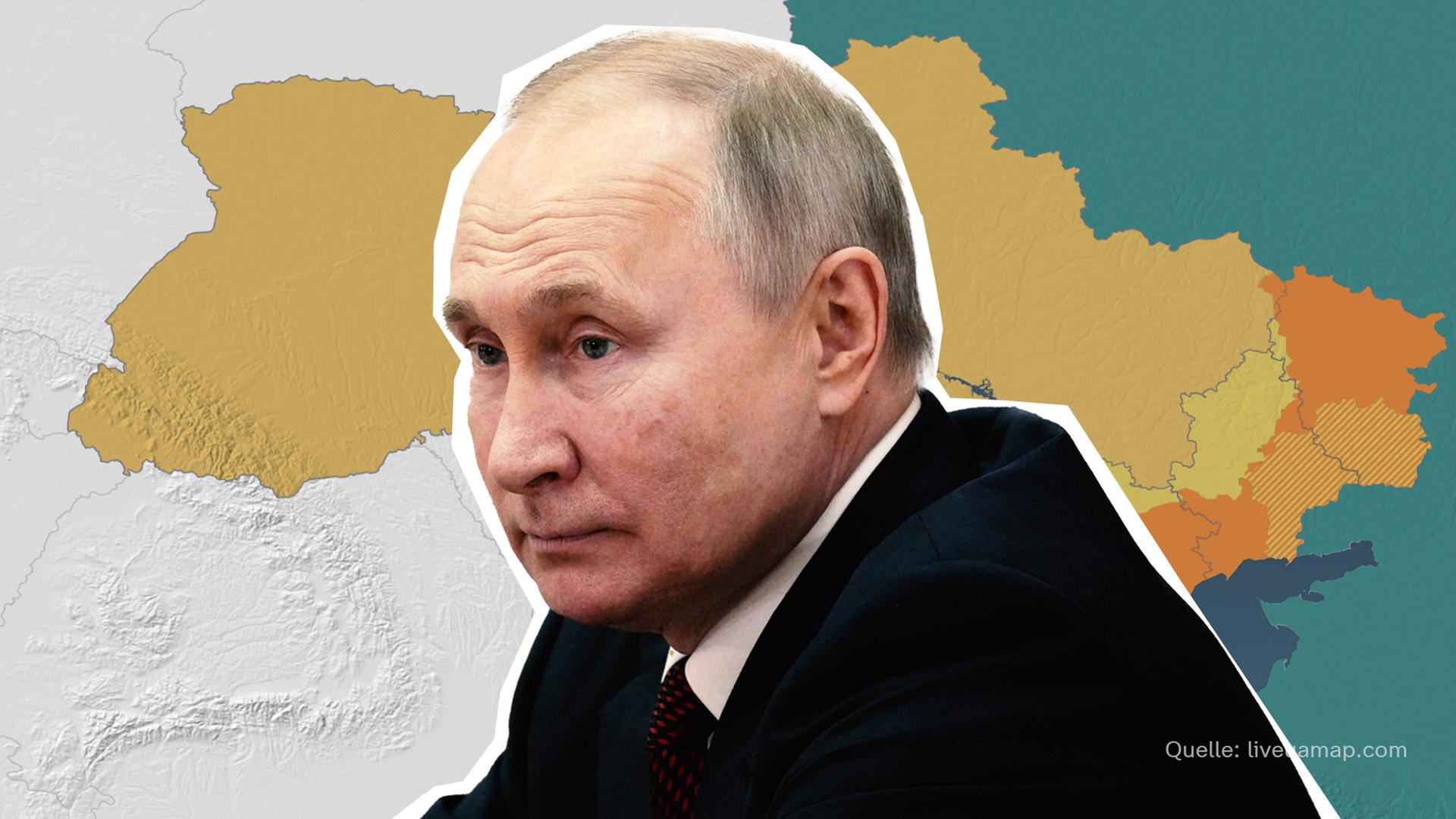 Karte der Ukraine & vom Frontverlauf im Ukraine-Krieg. im Vordergrund: Wladimir Putin. 