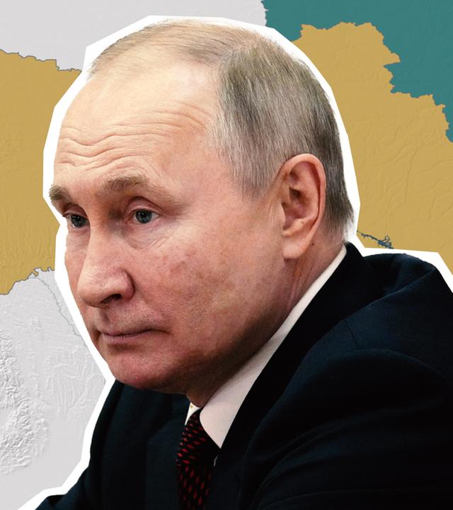 Karte der Ukraine & vom Frontverlauf im Ukraine-Krieg. im Vordergrund: Wladimir Putin. 