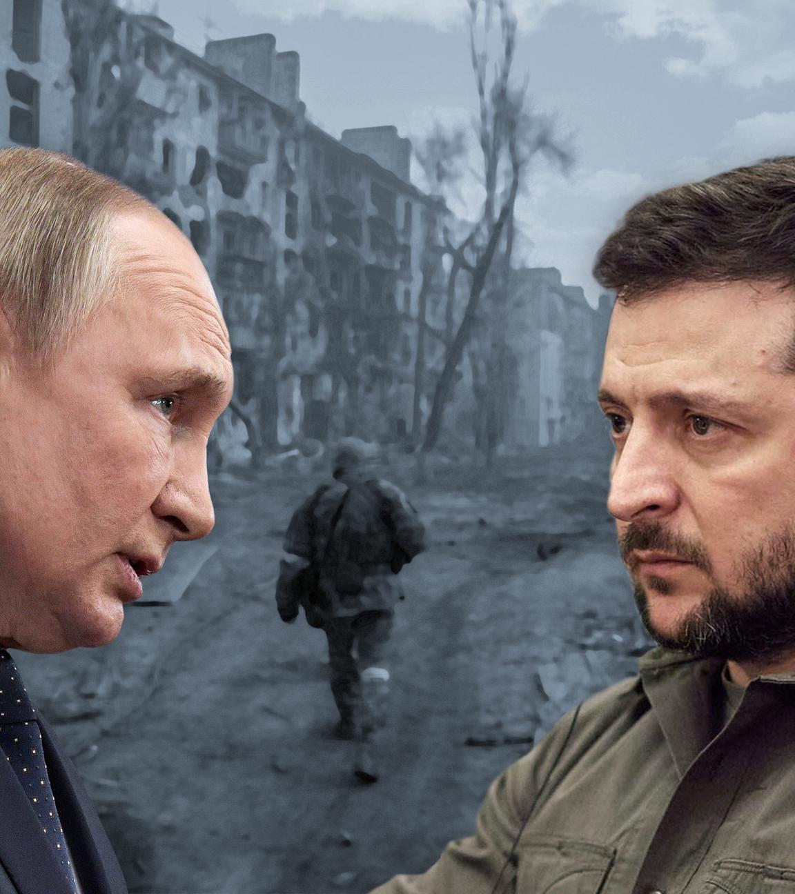 Montage: Wladimir Putin und Wolodymyr Selenskyj vor einem Blick auf das zerstörte Mariupol