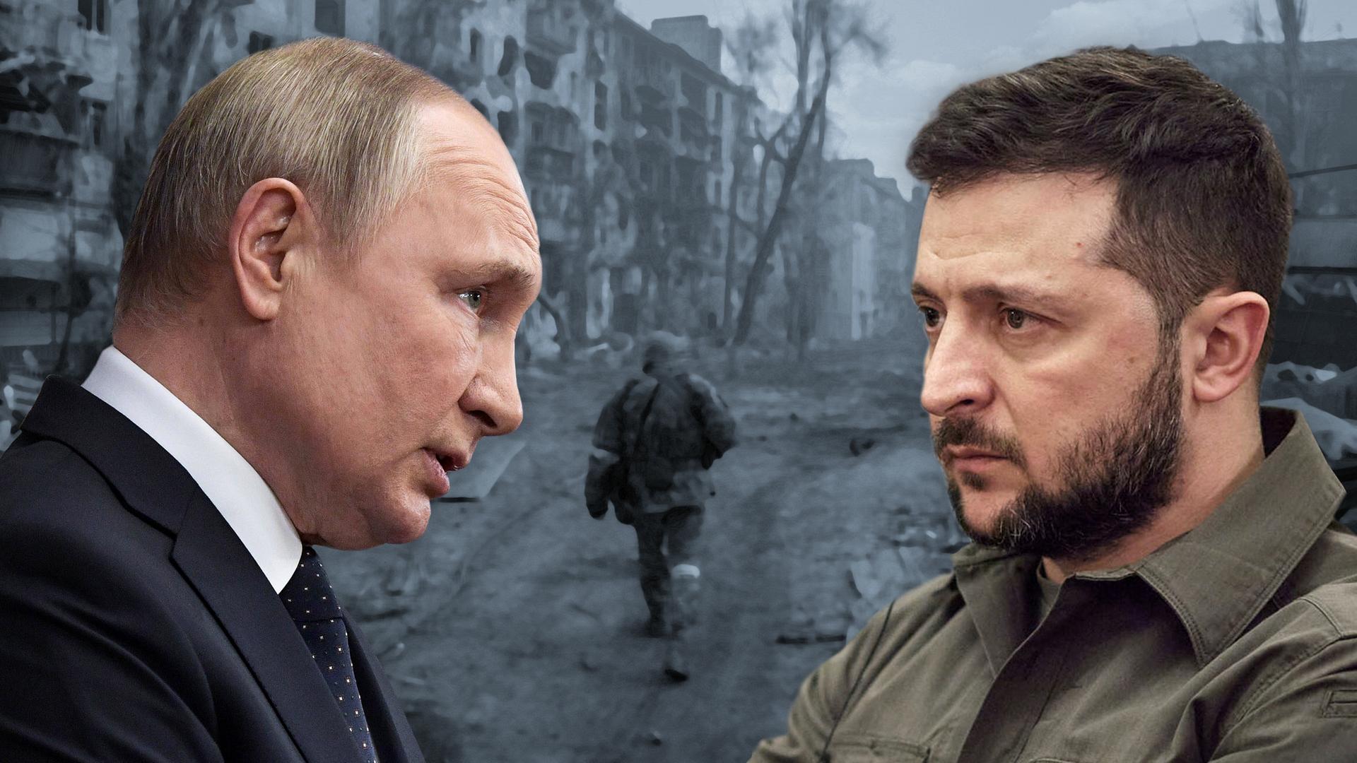 Montage: Wladimir Putin und Wolodymyr Selenskyj vor einem Blick auf das zerstörte Mariupol