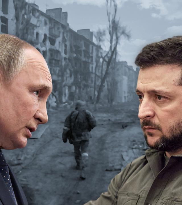 Montage: Wladimir Putin und Wolodymyr Selenskyj vor einem Blick auf das zerstörte Mariupol