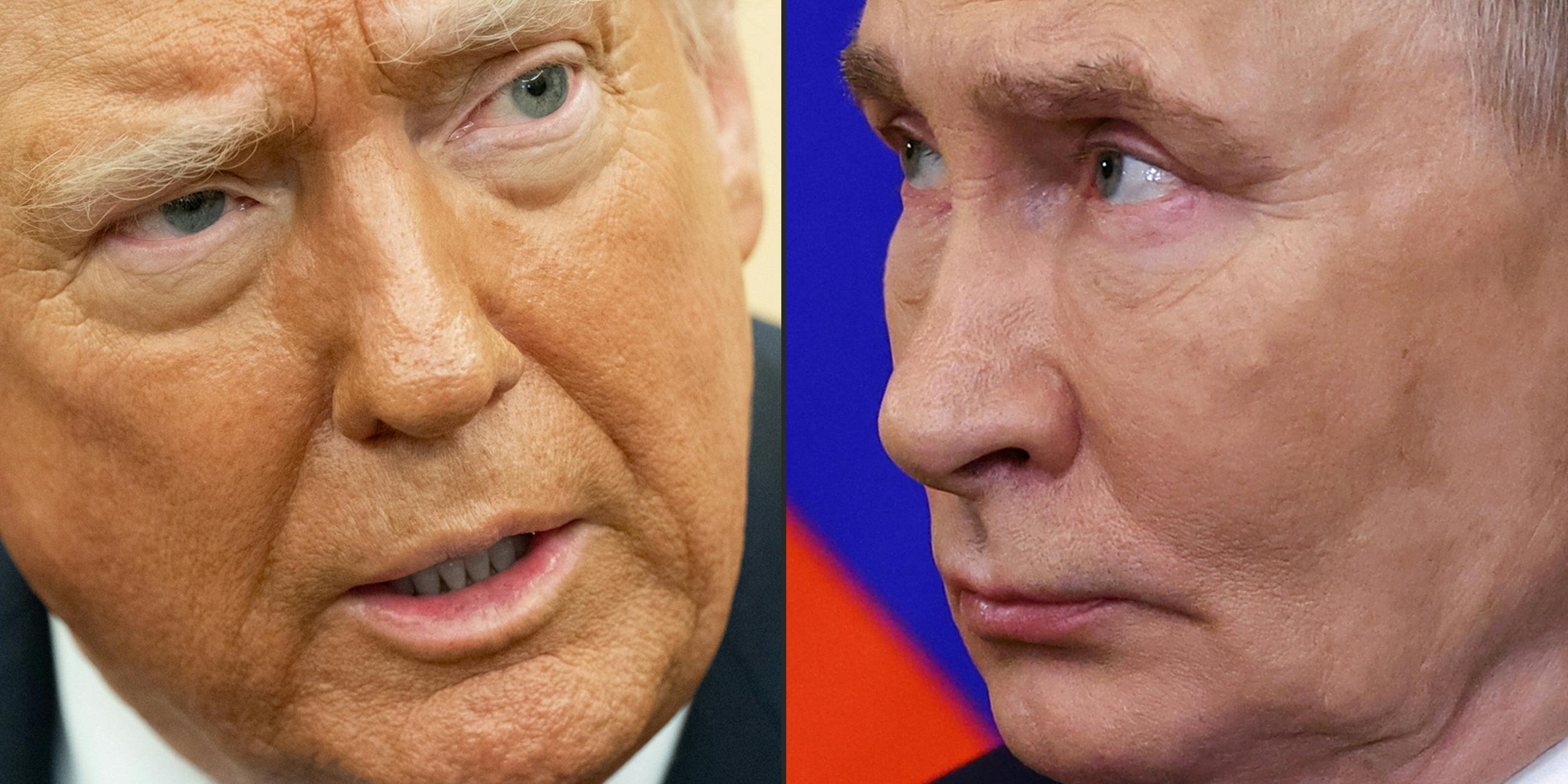 Diese am 12. Februar 2025 erstellte Bildkombination zeigt (L-R) US-Präsident Donald Trump in Washington, DC, am 11. Februar 2025 und den russischen Präsidenten Wladimir Putin in Moskau am 17. Januar 2025. Der russische Präsident Wladimir Putin sagte seinem US-Kollegen Donald Trump in einem Telefonat am 12. Februar 2025, dass „friedliche Verhandlungen“ zur Beendigung des Ukraine-Konflikts möglich seien, so der Kreml.