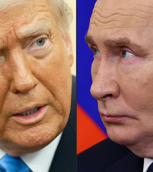 Diese am 12. Februar 2025 erstellte Bildkombination zeigt (L-R) US-Präsident Donald Trump in Washington, DC, am 11. Februar 2025 und den russischen Präsidenten Wladimir Putin in Moskau am 17. Januar 2025. Der russische Präsident Wladimir Putin sagte seinem US-Kollegen Donald Trump in einem Telefonat am 12. Februar 2025, dass „friedliche Verhandlungen“ zur Beendigung des Ukraine-Konflikts möglich seien, so der Kreml.
