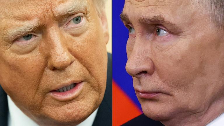 Diese am 12. Februar 2025 erstellte Bildkombination zeigt (L-R) US-Präsident Donald Trump in Washington, DC, am 11. Februar 2025 und den russischen Präsidenten Wladimir Putin in Moskau am 17. Januar 2025. Der russische Präsident Wladimir Putin sagte seinem US-Kollegen Donald Trump in einem Telefonat am 12. Februar 2025, dass „friedliche Verhandlungen“ zur Beendigung des Ukraine-Konflikts möglich seien, so der Kreml.