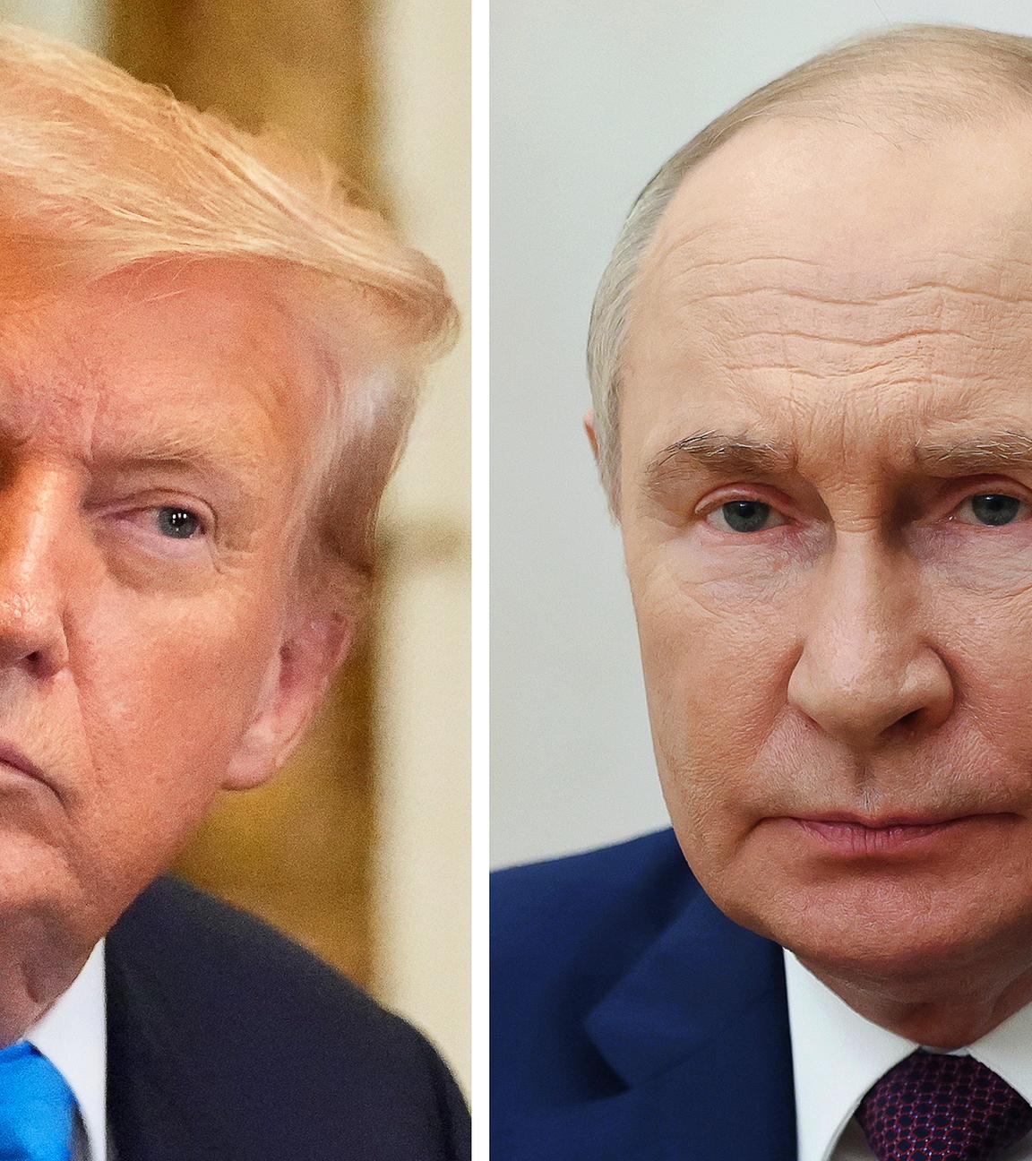 Ein Zusammenschnitt der Gesichter von Donald Trump und Wladimir Putin. In der Mitte ist eine dünne Linie.