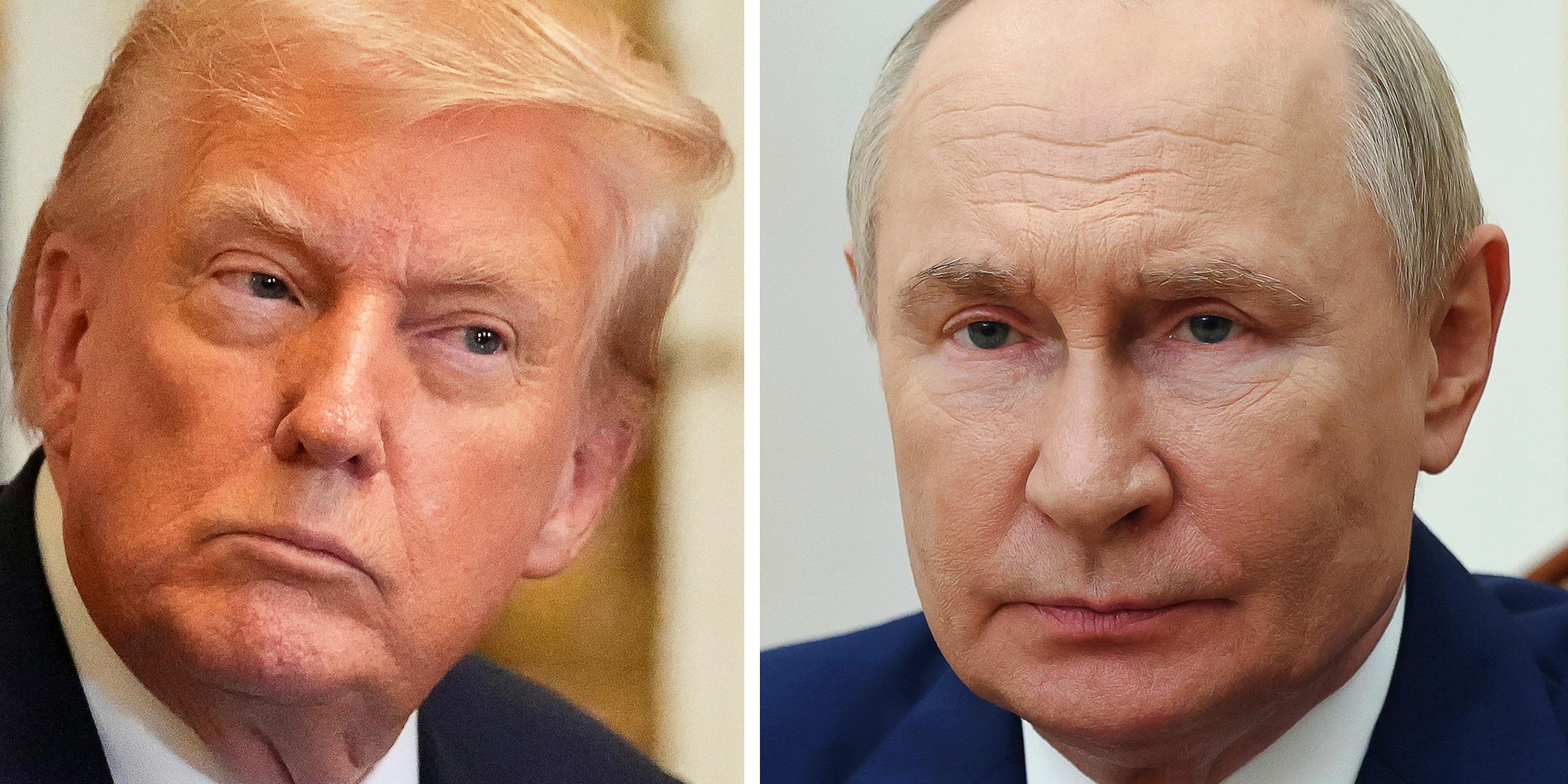 Ein Zusammenschnitt der Gesichter von Donald Trump und Wladimir Putin. In der Mitte ist eine dünne Linie.