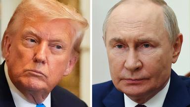 Ein Zusammenschnitt der Gesichter von Donald Trump und Wladimir Putin. In der Mitte ist eine dünne Linie.