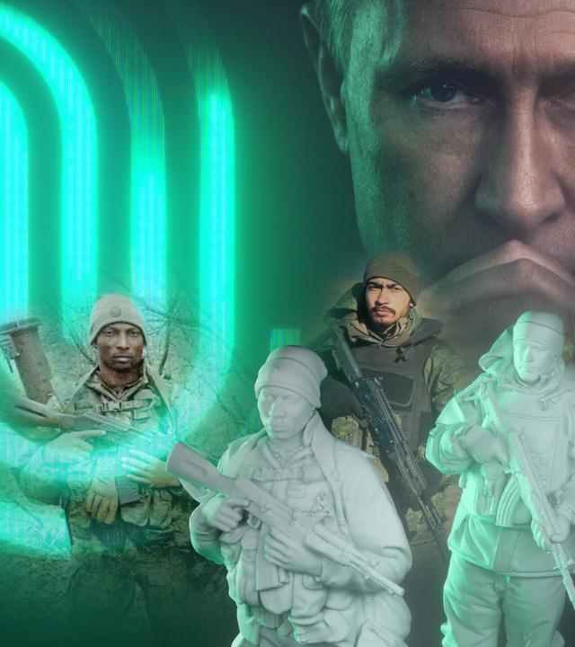 "Die Spur: Putins Kanonenfutter": Fotomontage: Ein Porträtfoto von Putin liegt im Hintergrund, davor stehen mehrere bewaffnete Personen in Uniform sowie stilisierte Soldatenfiguren. An der Seite leuchtet das Sendungslogo grün.