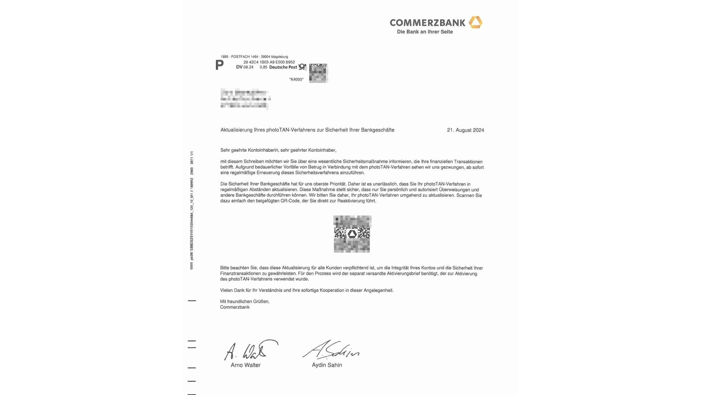 Ein gefälschtes Schreiben der "Commerzbank"