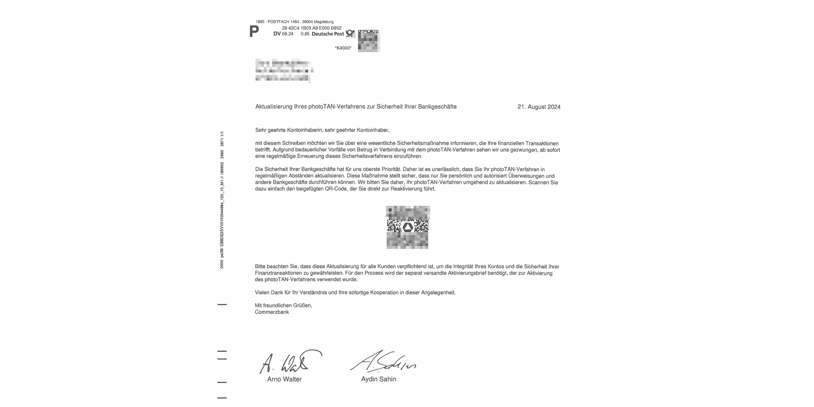 Ein gefälschtes Schreiben der "Commerzbank"
