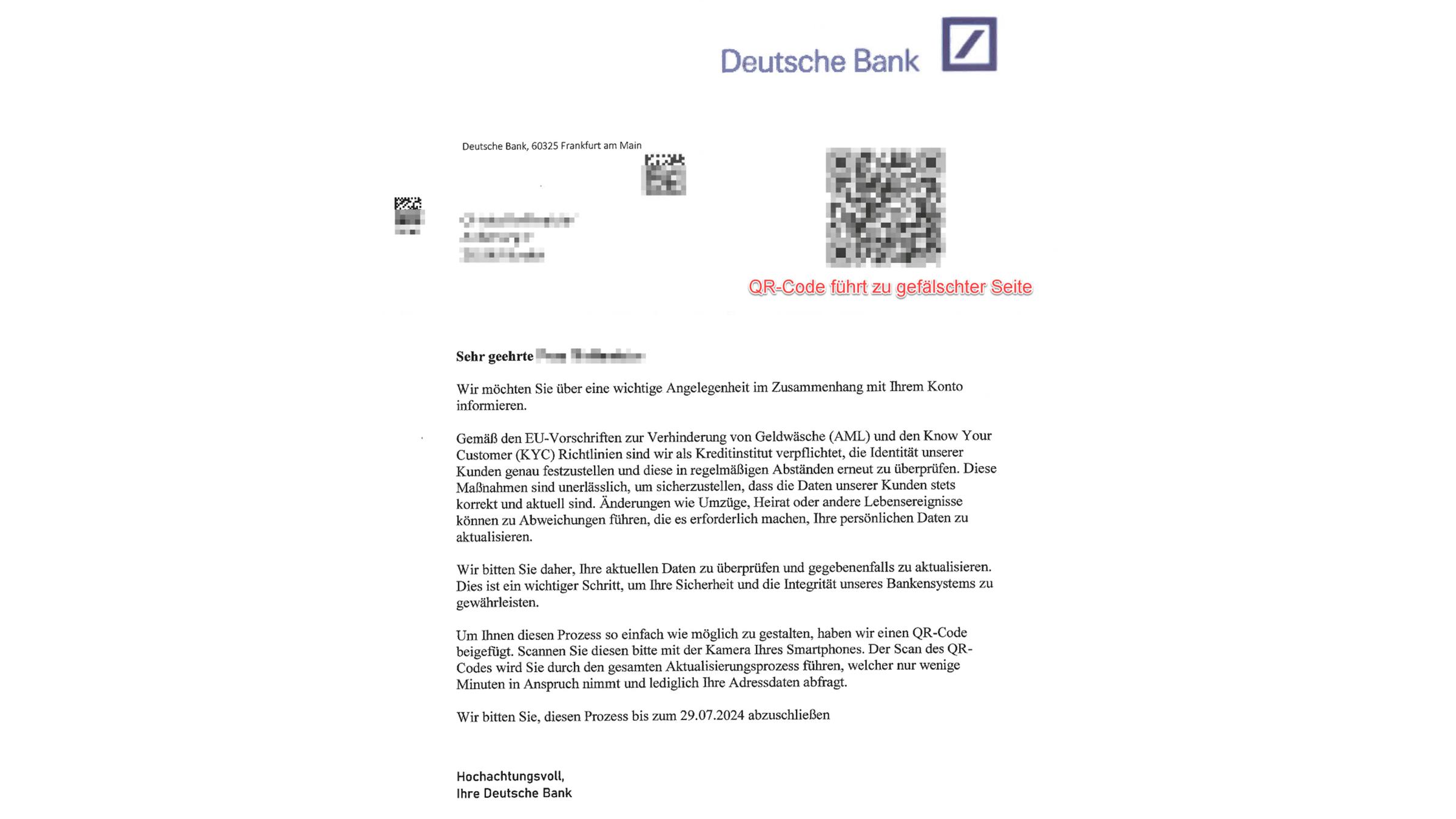 Ein gefälschtes Schreiben der "Deutschen Bank"