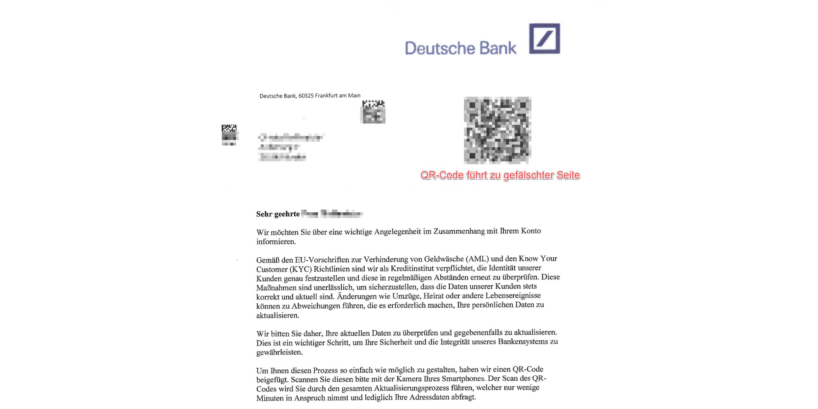 Ein gefälschtes Schreiben der "Deutschen Bank"