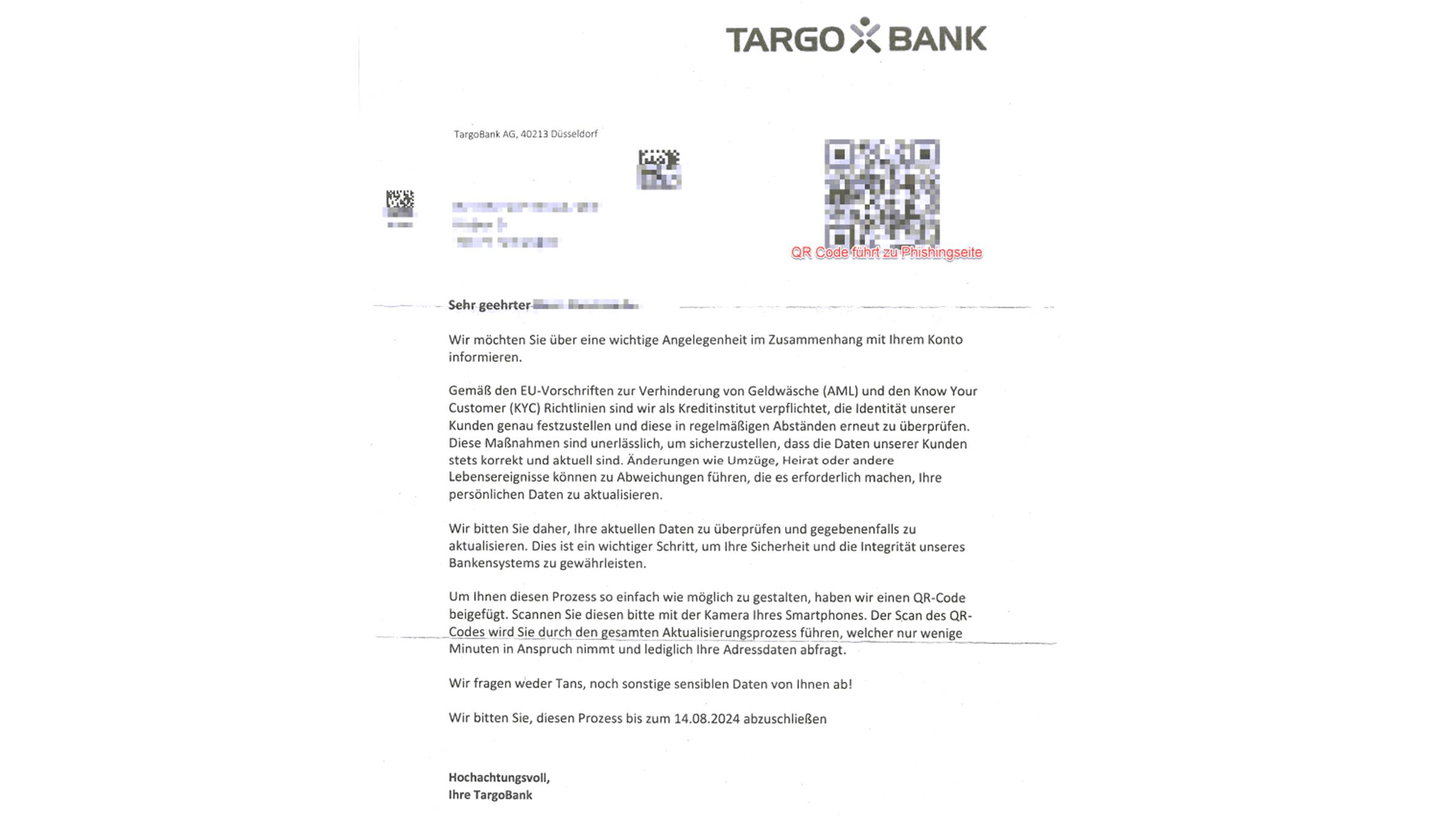 Ein gefälschtes Schreiben der "Targo-Bank"