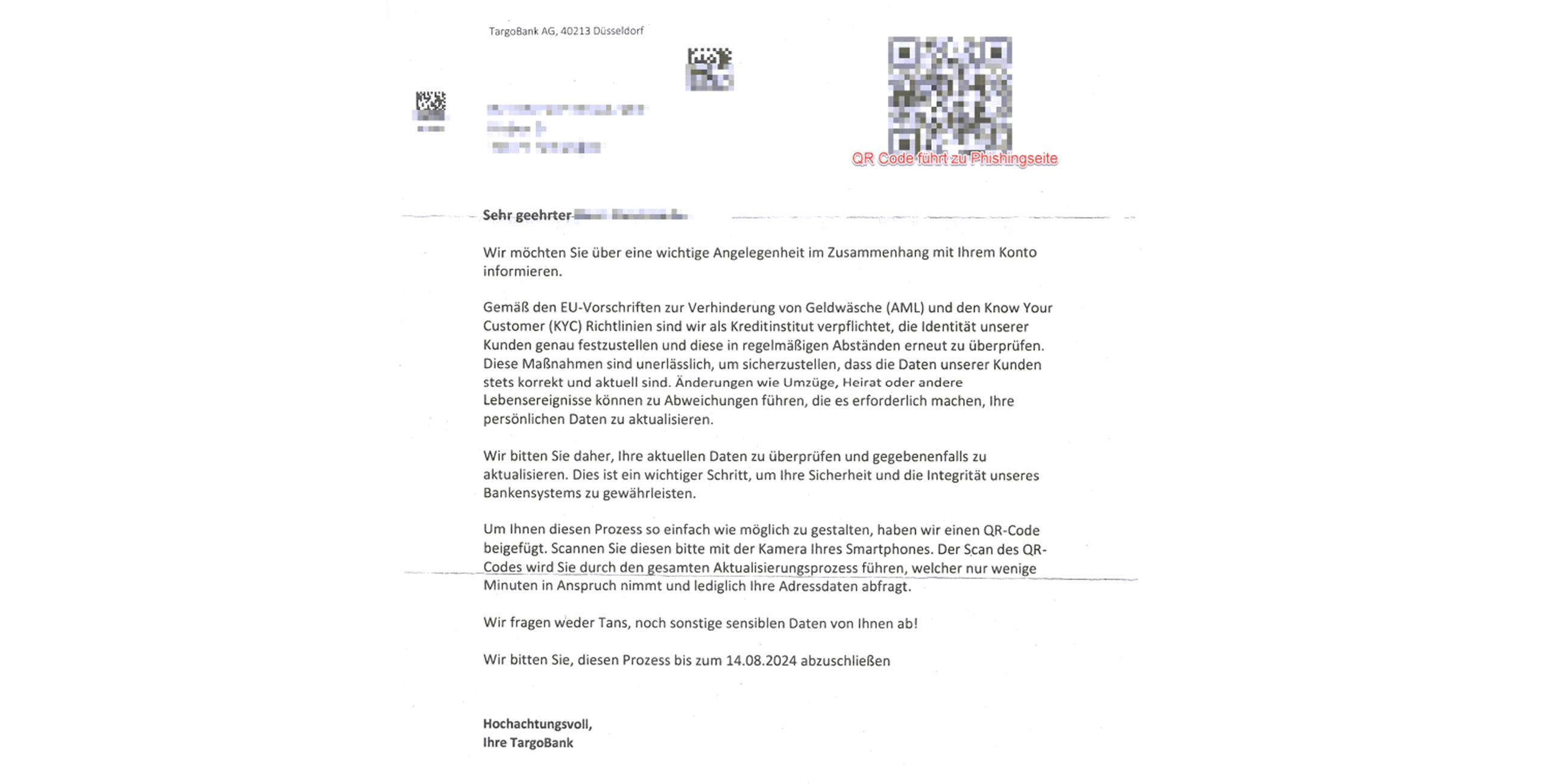 Ein gefälschtes Schreiben der "Targo-Bank"