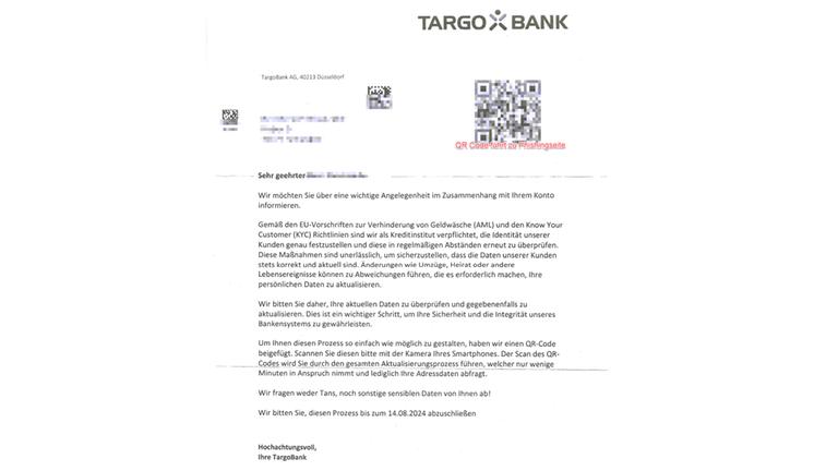 Ein gefälschtes Schreiben der "Targo-Bank"