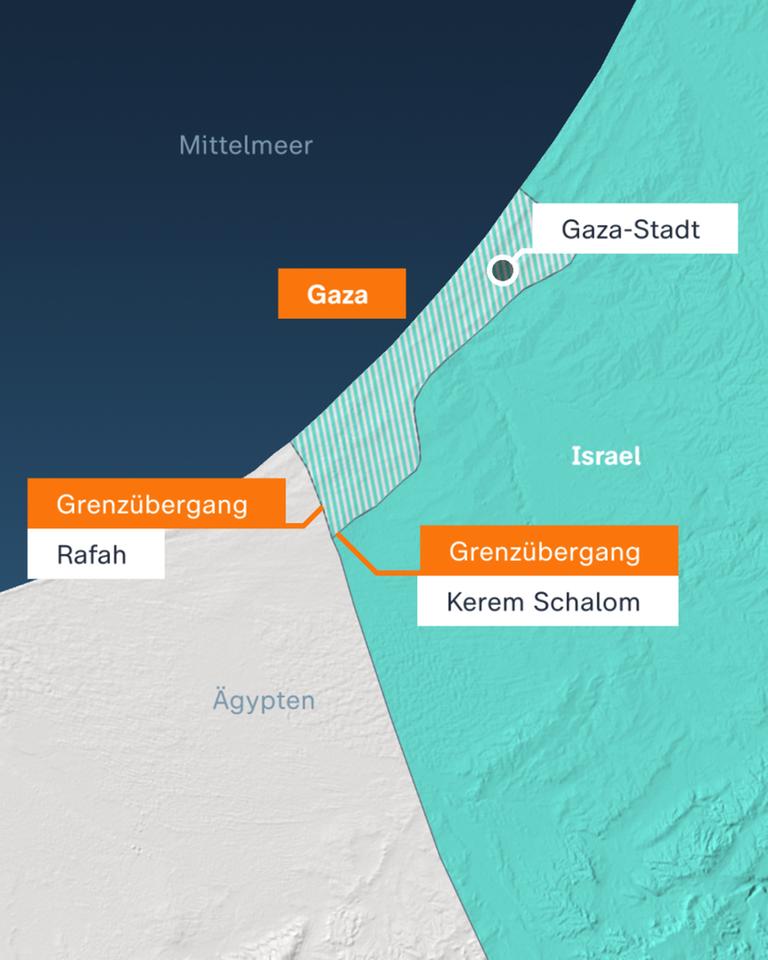 Kartenansicht der Grenzübergänge Rafah und Kerem Schalom.