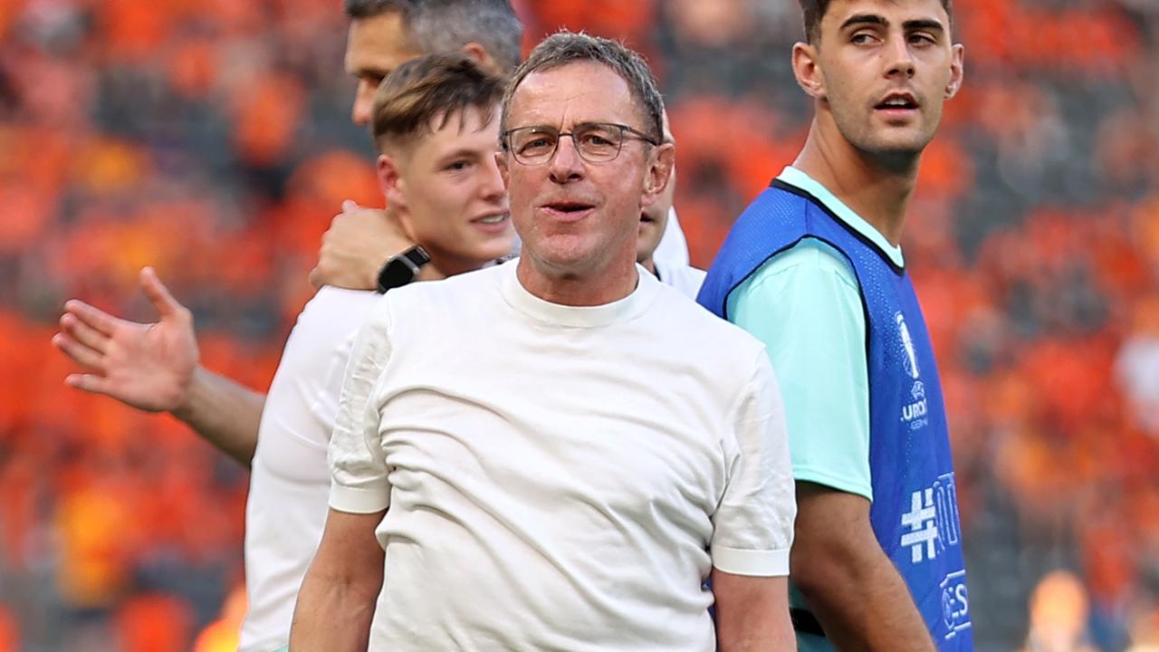 Österreichs Trainer Ralf Rangnick freut sich nach dem Spiel gegen die Niederlande am 25.06.2024.