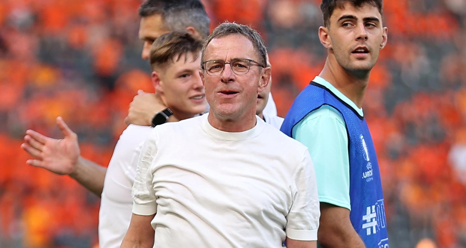  Österreichs Trainer Ralf Rangnick freut sich nach dem Spiel gegen die Niederlande am 25.06.2024.