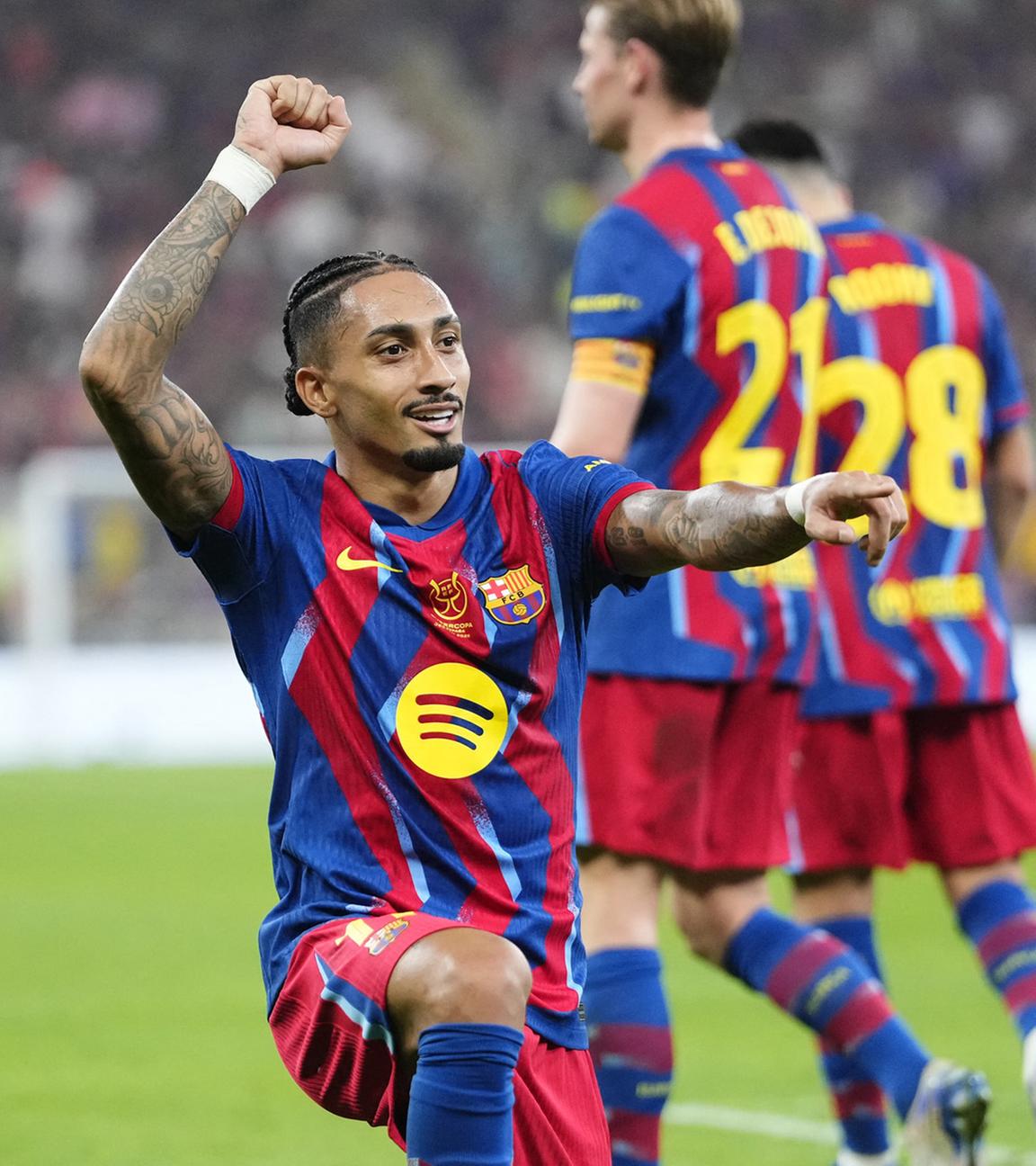 Raphinha feiert am 7. Januar 2026 in Jeddah, Saudi-Arabien, sein Tor zum 1:0 im Halbfinale des spanischen Supercups gegen Athletic Bilbao.