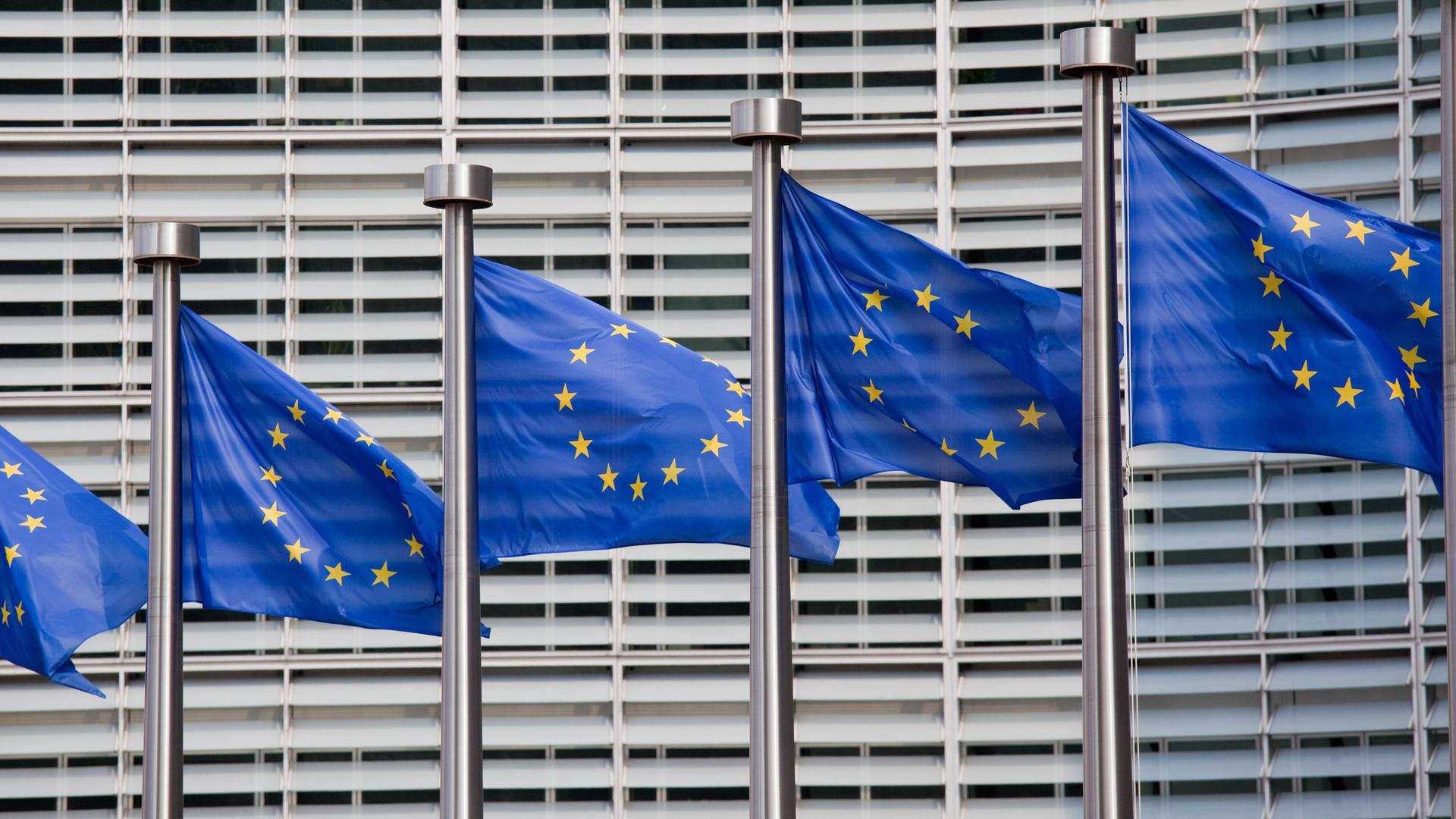 Symbolbild: Flaggen der EU vor Gebäude des europäischen Rats
