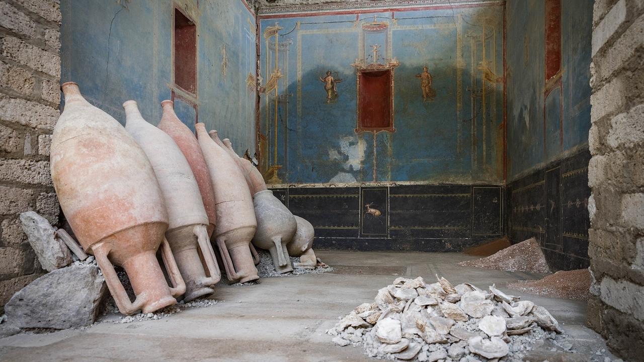 Italien, Pompeji: Ein Raum mit blauen Wänden und gemalten weiblichen Figuren ist in Pompeji zu sehen.