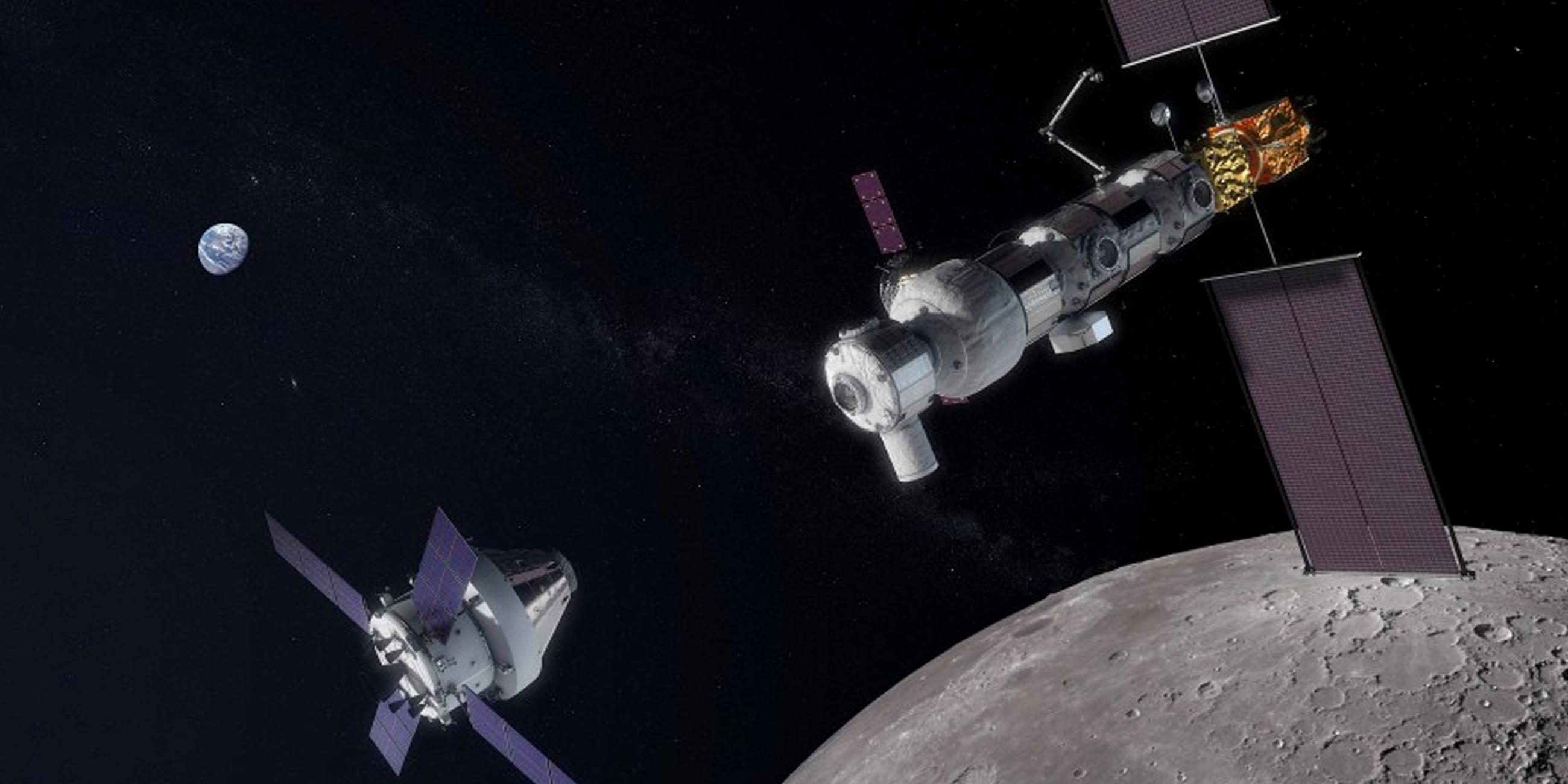 Das Lunar Orbital Platform-Gateway: Ein Orion-Raumschiff mit einem europäischen Versorgungsmodul nähert sich von links der Raumstation.