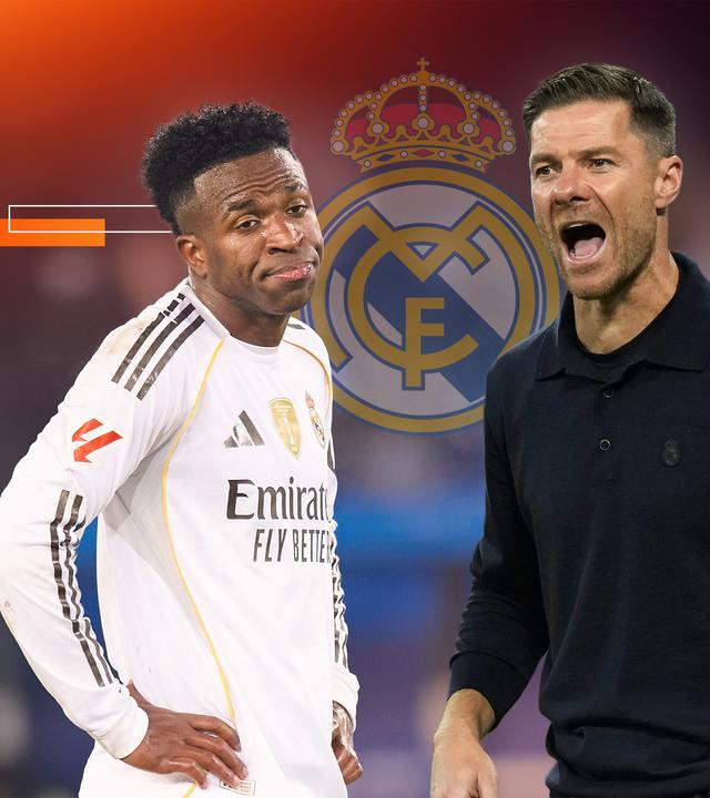 Trainer Xabi Alonso ruft etwas, ein Spieler von Real Madrid schaut skeptisch. Im Hintergrund das Logo von Real Madrid.