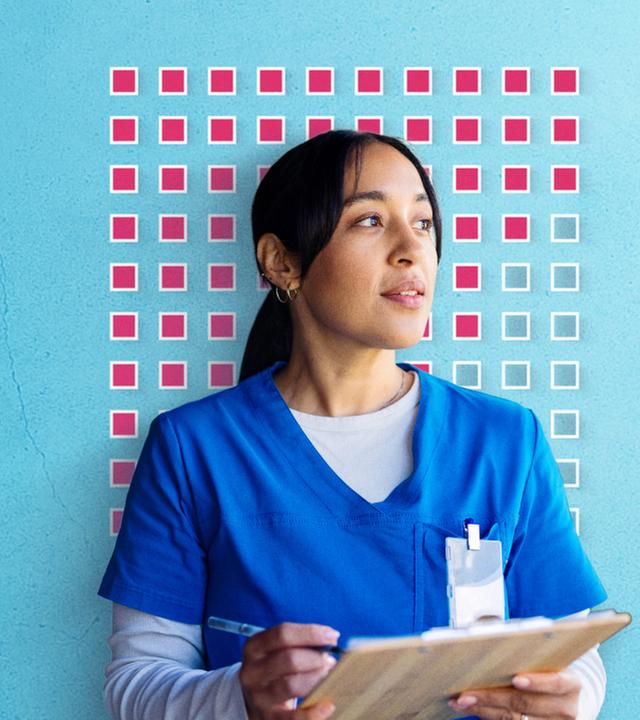Eine Krankenpflegerin vor einer Grafik