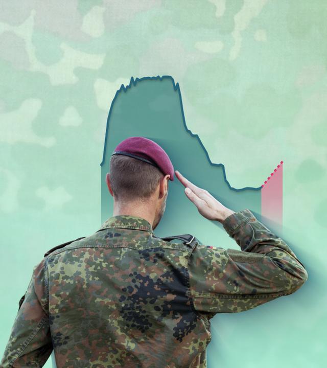 Bundeswehrsoldat vor Grafik zur Truppenstärke im Zeitverlauf